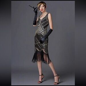 Gatsby vibe 1920s Black and Gold Women's Midi Dress